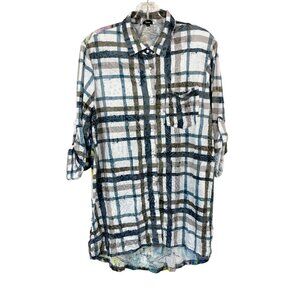 Shana Plaid Floral Artsy Tunic Shirt Snap Button Roll Tab Sleeves - Size XS